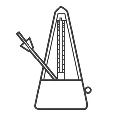 Vector linear icon of a metronome, a device for maintaining a steady tempo. Black and white illustration in line art style, depicting a musical tool.