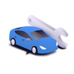 Isometric icon of a blue car with a wrench, representing auto service or car repair. Vector illustration suitable for use in infographics or design projects.