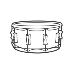 Vector linear icon of a snare drum with a sharp sound. Black and white illustration in line art style, depicting a musical instrument.

