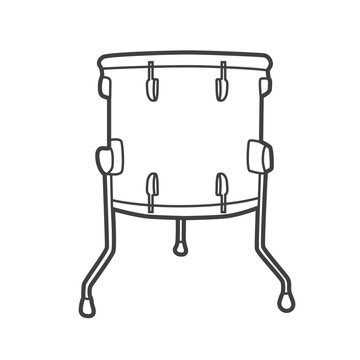 recommend clip art: Vector linear icon of a floor tom, a large drum mounted on the floor. Black and white illustration in line art style, depicting a musical instrument.