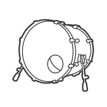 recommend clip art: Vector linear icon of a bass drum operated by a pedal. Black and white illustration in line art style, depicting a musical instrument.