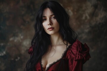 Fototapeta premium Elegant woman in a red dress posing in a vintage setting