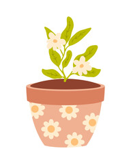 Flowering plant in a flower pot. Hand drawn vector illustration isolated on white background.