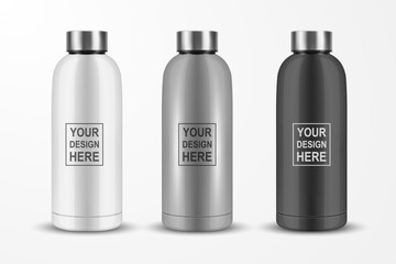 Vector Realistic 3D White, Silver, Black Color Metal Blank Glossy Reusable Water Bottle with Silver Bung Closeup Isolated. Design Template of Packaging Mockup. Front View