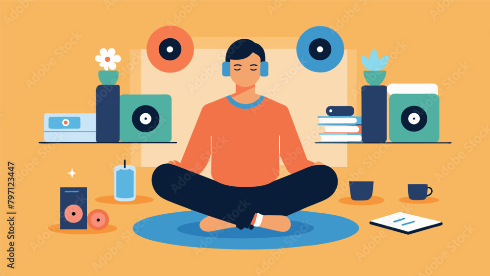 Poster a person sitting crosslegged on the floor surrounded by tered records and lost in the melodies flowi