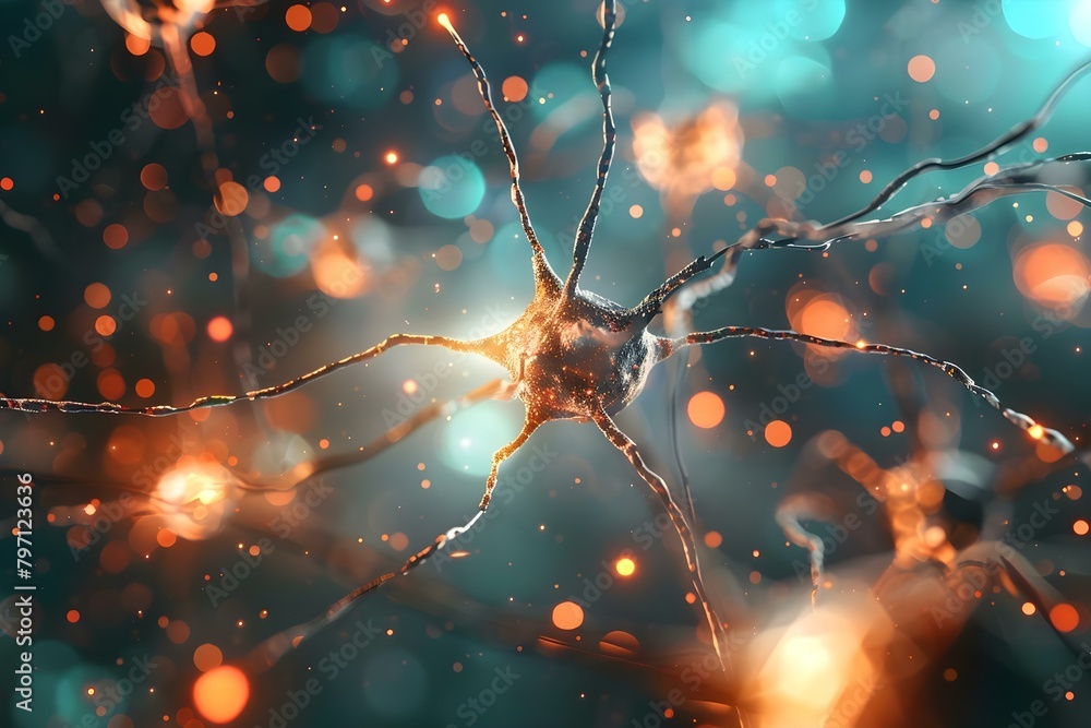 Poster visual representation of activated neurons in the brain reflecting the challenge of treating head pa