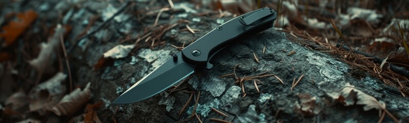 Tactical folding knife on a mossy rock in a forest - obrazy, fototapety, plakaty
