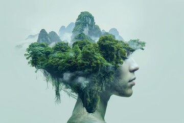 Conceptual Portrait of a Woman with a Forest for Hair Blending into Mountainous Landscape