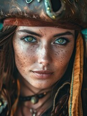 Portrait of a woman in steampunk attire with intense gaze