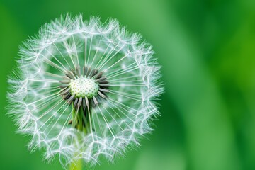 Fototapeta premium Close-up of a Dandelion Seed Head Against a Green Background