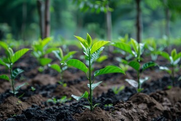 Young plants growing in fertile soil with a blurred forest background