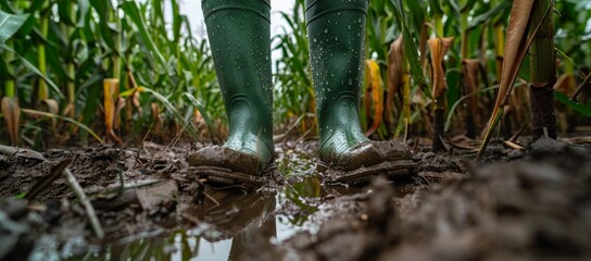 Obraz premium Farmer wearing green rubber boots standing in a muddy cornfield