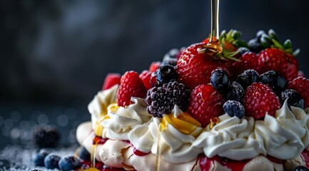 Delicious berry pavlova with drizzling honey