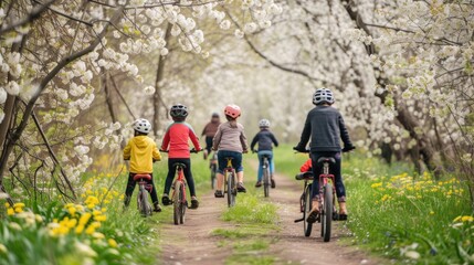 A group of people enjoy cycling on their bicycles through a beautiful natural landscape, surrounded by trees, grass, and plants. AIG41