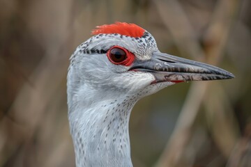 Naklejka premium Close-up of a Sandhill Crane with a Vibrant Red Crown