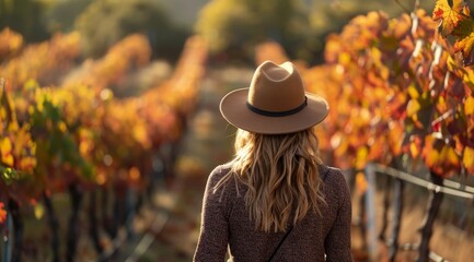 Woman enjoying a serene autumn walk in a vineyard