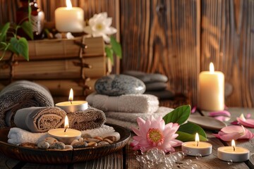 Serene Spa Setting with Candles and Lotus Flowers