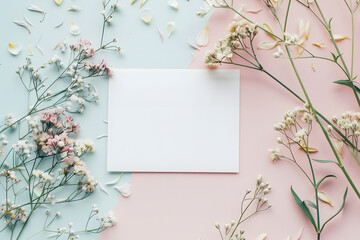Naklejka na ściany i meble Stylish elegant flat lay pastel colors floristic greeting invitation post card, copy space mockup.
