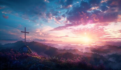 a cross on a hill with flowers and a sunset