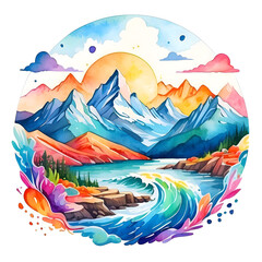 Nature Landscape in a shirt design style in a watercolor paint