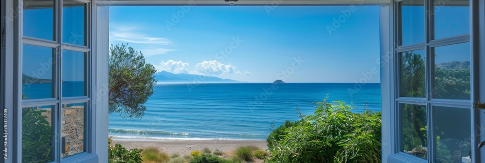 Poster a view of the ocean from a window with a tree in the background