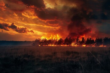 A field of dry grass is on fire, with a dark sky overhead - obrazy, fototapety, plakaty