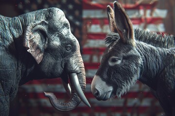 The elephant and donkey political debate. Metaphor with Republicans and Democrats in US politics. Elephant vs donkey