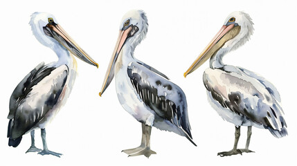 watercolour painting of pelican set collection isolated on white background