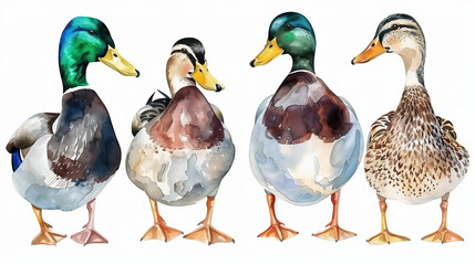 watercolour painting of ducks set collection isolated on white background
