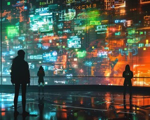 A group of people standing in front of a large digital screen looking at a futuristic city