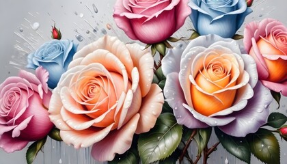 Blooming Roses Illustration Digital Painting Floral Background Graphic Beautiful Blossoms Design