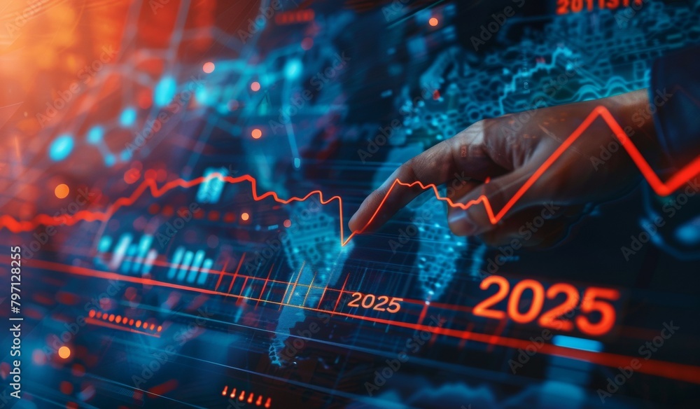 Poster a person is pointing at a graph that shows a line going up and the year 2025