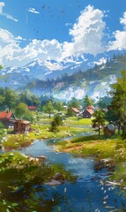 Fototapeta na wymiar A captivating stock illustration depicting a tranquil countryside scene, with rolling hills, meandering streams, and quaint cottages nestled among lush greenery