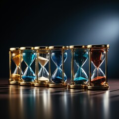 A line of hourglasses, each with varying amounts of sand, placed against an isolated background, highlighting the concept of variable work durations suited to different tasks in hybrid settings