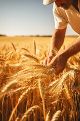 A panoramic view of a farmer harvesting wheat, focusing on the crop's importance, minimalist style, space for text