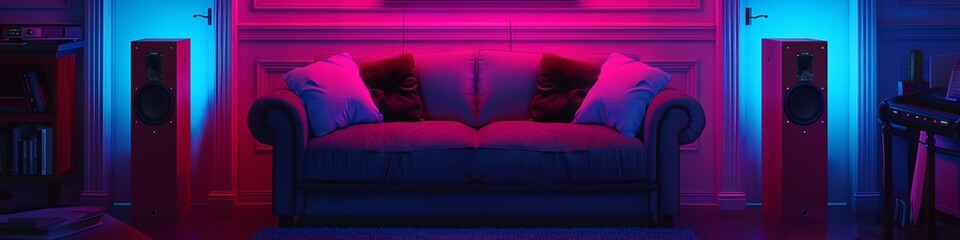 Vibrant neon lighting bathes a modern living room, highlighting a plush sofa flanked by artistic speakers and a minimalist decor.