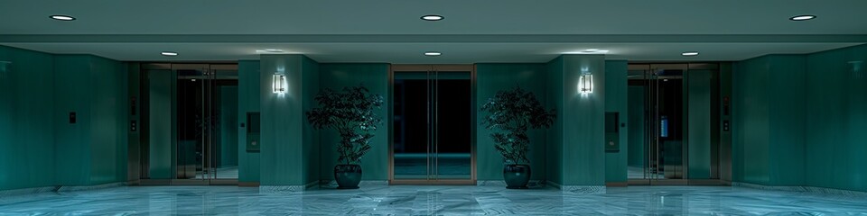 A sleek hallway with symmetrically positioned elevator doors, accented by modern lighting and mirrored with decorative plants.