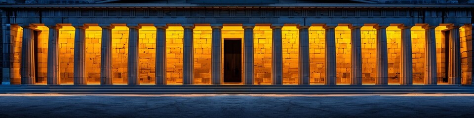 A panoramic view of a Neo-classic architectural interior with illuminated tall columns and a central doorway.