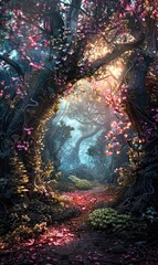 An enchanting cartoon background set in a lush and vibrant forest, with towering trees adorned with bright foliage, whimsical creatures peeking out from behind bushes, and a sense of magical wonder
