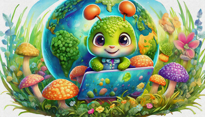 oil painting style  CARTOON CHARACTER CUTE baby green caterpillar game of lap top 