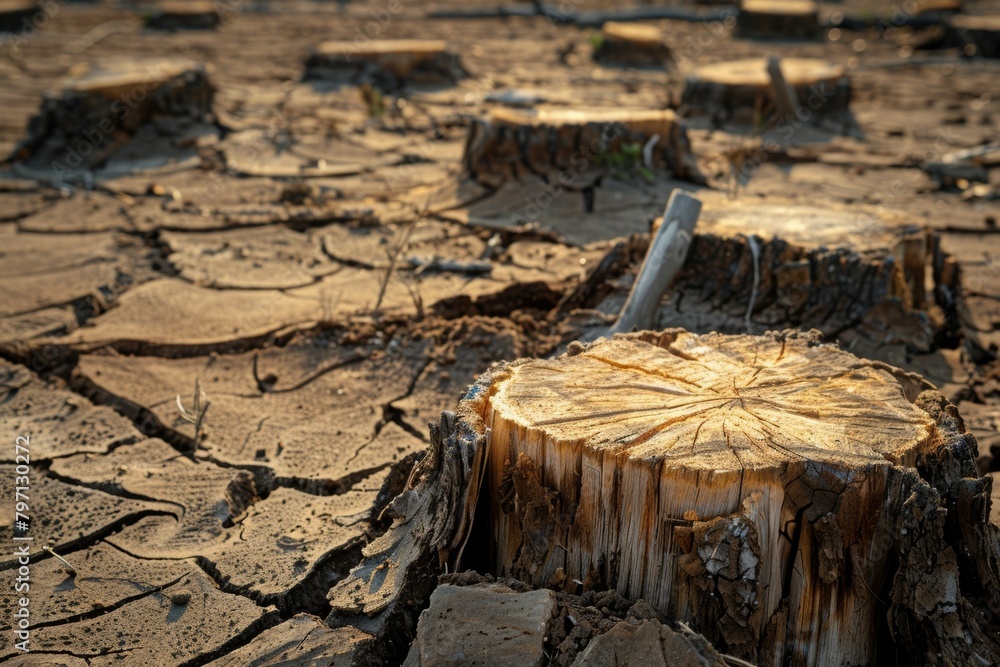 Poster stump from felled tree in drought concept. record summer heat. backdrop of the consequences of envir