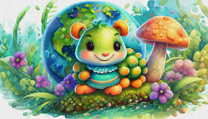 oil painting style CARTOON CHARACTER CUTE baby green caterpillar, cartoon, illustration, animal, colorful, joy, color, mushroms, 