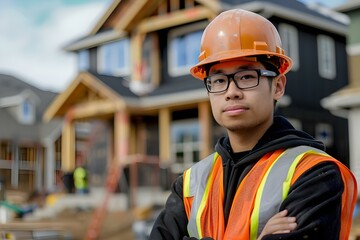 Biracial construction worker or architect standing with folded arms at job site. Concept Construction Industry, Architecture, Professional Portraits, Multiracial Representation, Job Site Environment