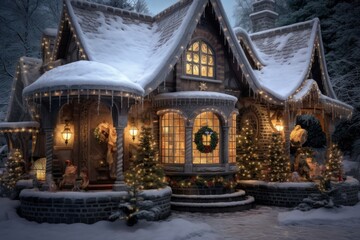 Christmas decorated house architecture building illuminated.