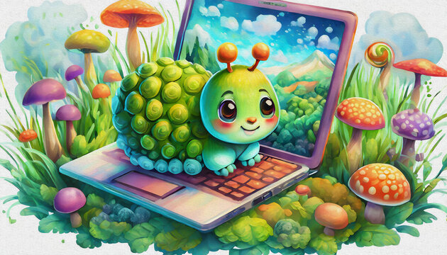 oil painting style  CARTOON CHARACTER CUTE baby green caterpillar game of lap top 