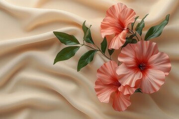 Luxurious smooth silky fabric background decorated with delicate pink hibiscus flowers, symbolizing elegance and beauty.