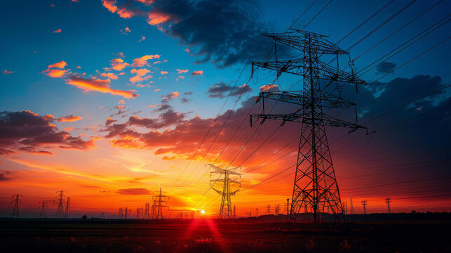 Electricity pylons and power lines silhouetted against a vivid sunset sky with clouds.