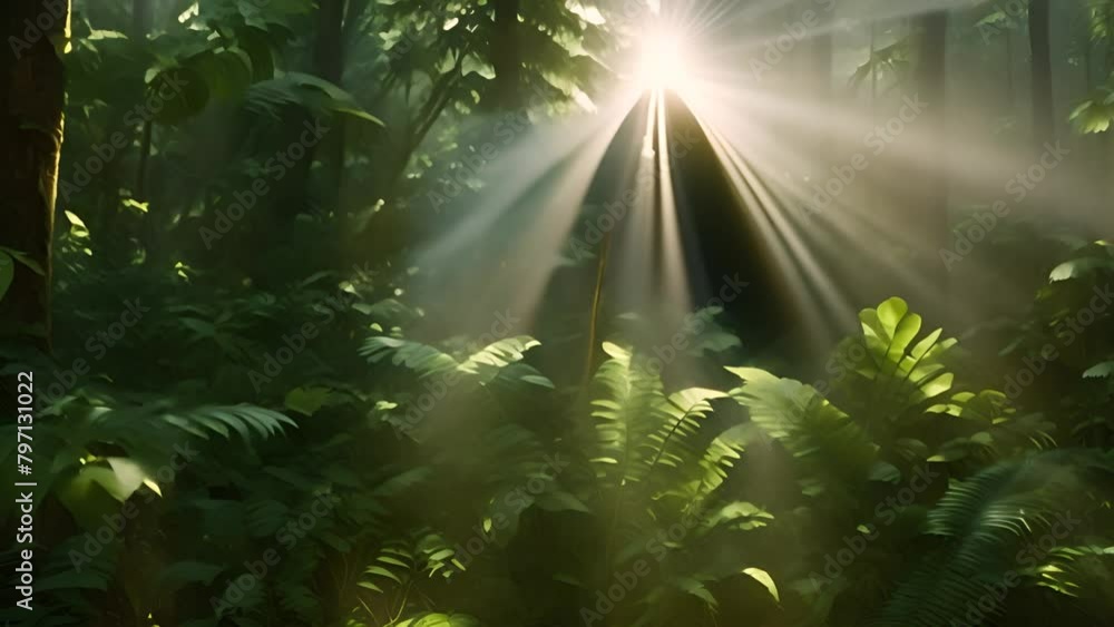 Poster sun shining through trees in rain forest generative ai