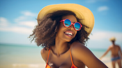 a happy smiling african american woman wearing a hat on a sunny beach during a summer day