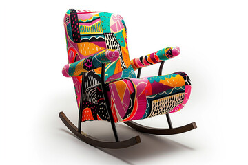 A rocking chair featuring a vibrant and playful pattern, adding a pop of color to any space, isolated on a solid white background. - Powered by Adobe